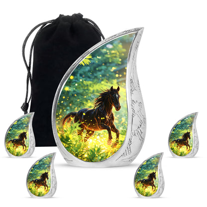 Cool Teal Horse Cremation Urn side profile showing urn shape - flowing teardrop horse silhouette on curved aluminum - memorial set with one large and four small urns