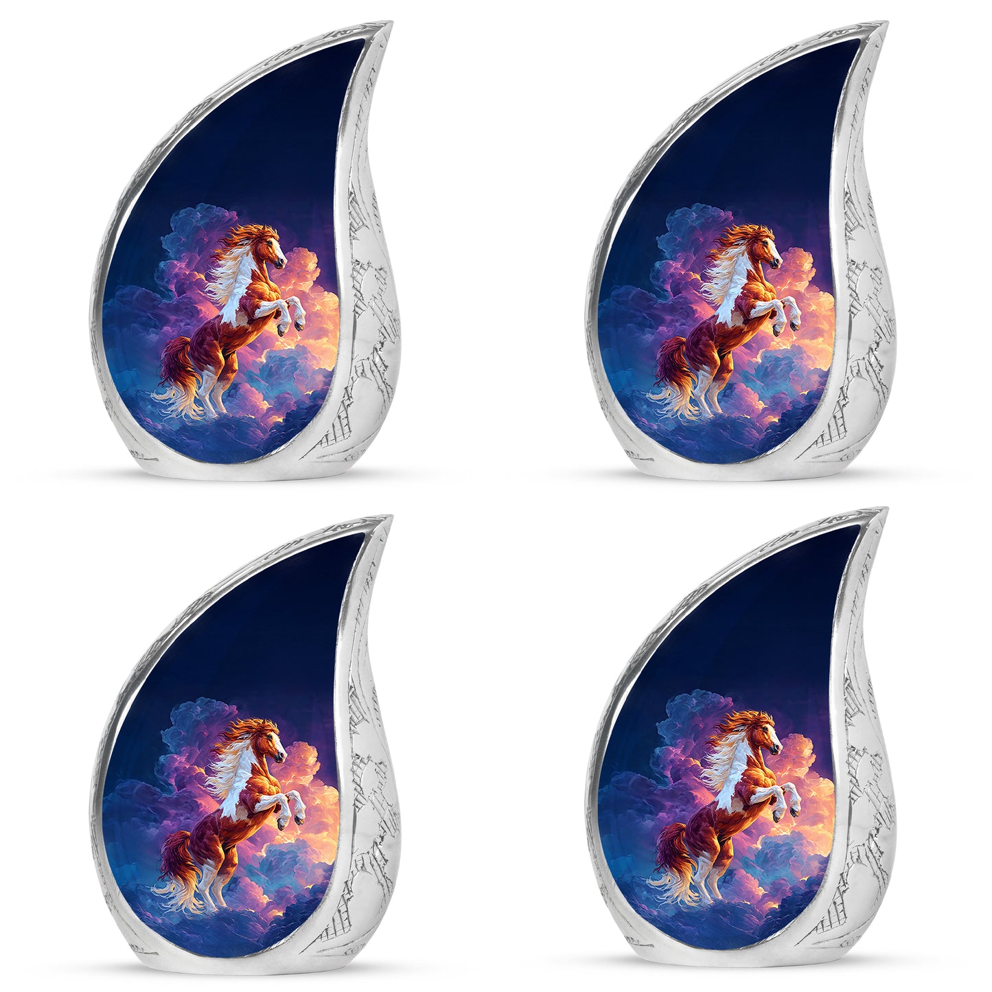 Navy Blue Horse Cremation Urn close-up of engraving and surface detail - rounded teardrop horse design with delicate detail - 10 inch aluminum urn for cremated remains