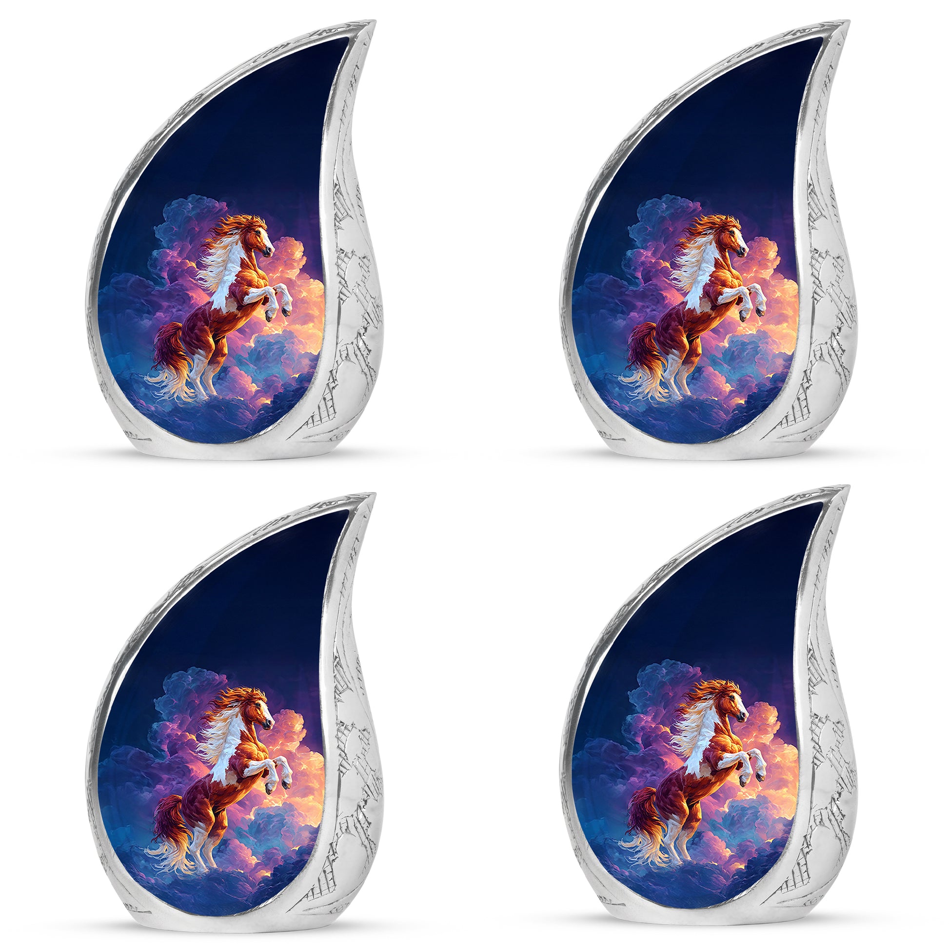 Navy Blue Horse Cremation Urn close-up of engraving and surface detail - rounded teardrop horse design with delicate detail - 10 inch aluminum urn for cremated remains
