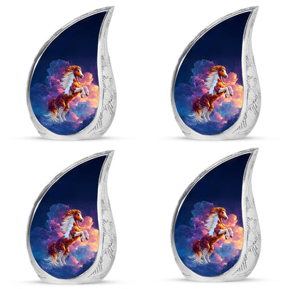 Navy Blue Horse Cremation Urn close-up of engraving and surface detail - rounded teardrop horse design with delicate detail - 10 inch aluminum urn for cremated remains
