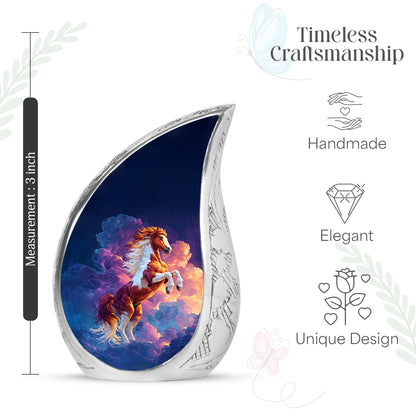 Steel Blue Horse Cremation Urn angled view of lid and engraved motif - smooth teardrop contour featuring horse art - mini keepsake memorial for portion of cremation ashes