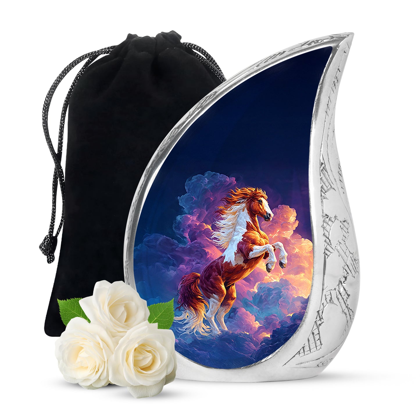 Serene Blue Horse Cremation Urn front view showing detailed design - smooth teardrop contour featuring horse art - full-size 10 inch 200 cubic inch adult cremation urn