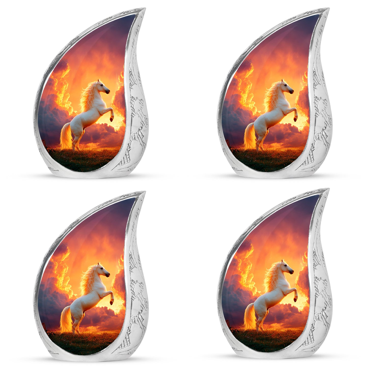 Deep Red Horse Cremation Urn close-up of engraving and surface detail - rounded teardrop horse design with delicate detail - 10 inch aluminum urn for cremated remains