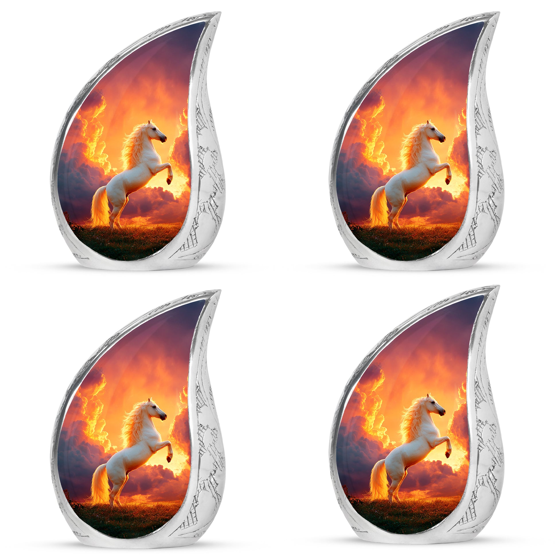 Deep Red Horse Cremation Urn close-up of engraving and surface detail - rounded teardrop horse design with delicate detail - 10 inch aluminum urn for cremated remains