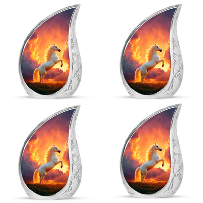 Deep Red Horse Cremation Urn close-up of engraving and surface detail - rounded teardrop horse design with delicate detail - 10 inch aluminum urn for cremated remains