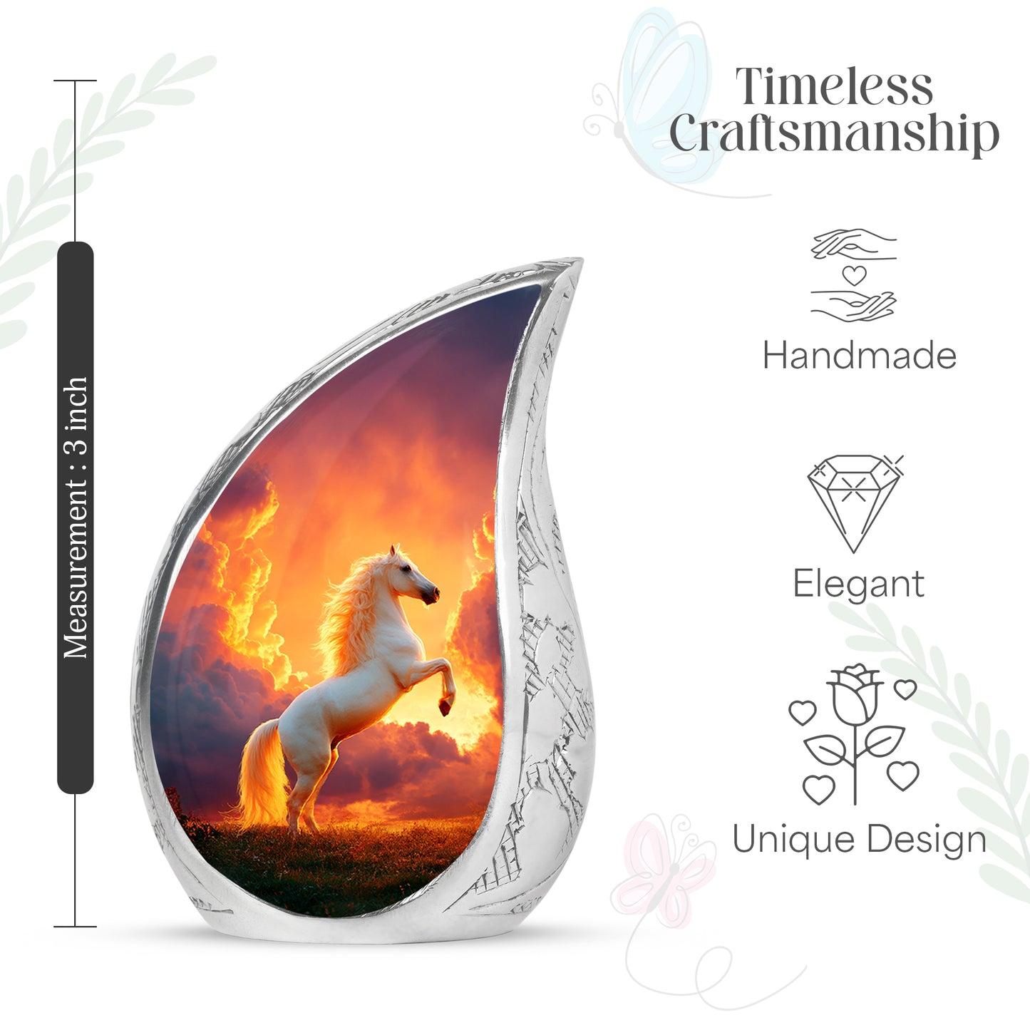 Scarlet Red Horse Cremation Urn angled view of lid and engraved motif - smooth teardrop contour featuring horse art - mini keepsake memorial for portion of cremation ashes
