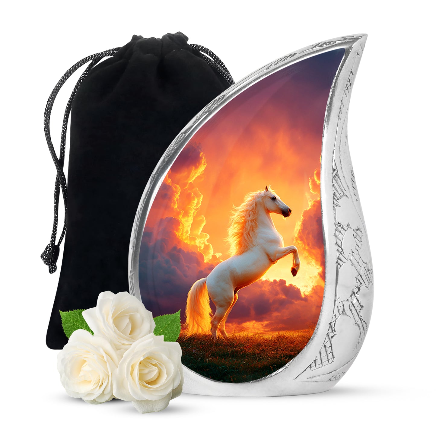 Garnet Red Horse Cremation Urn front view showing detailed design - flowing teardrop horse silhouette on curved aluminum - full-size 10 inch 200 cubic inch adult cremation urn