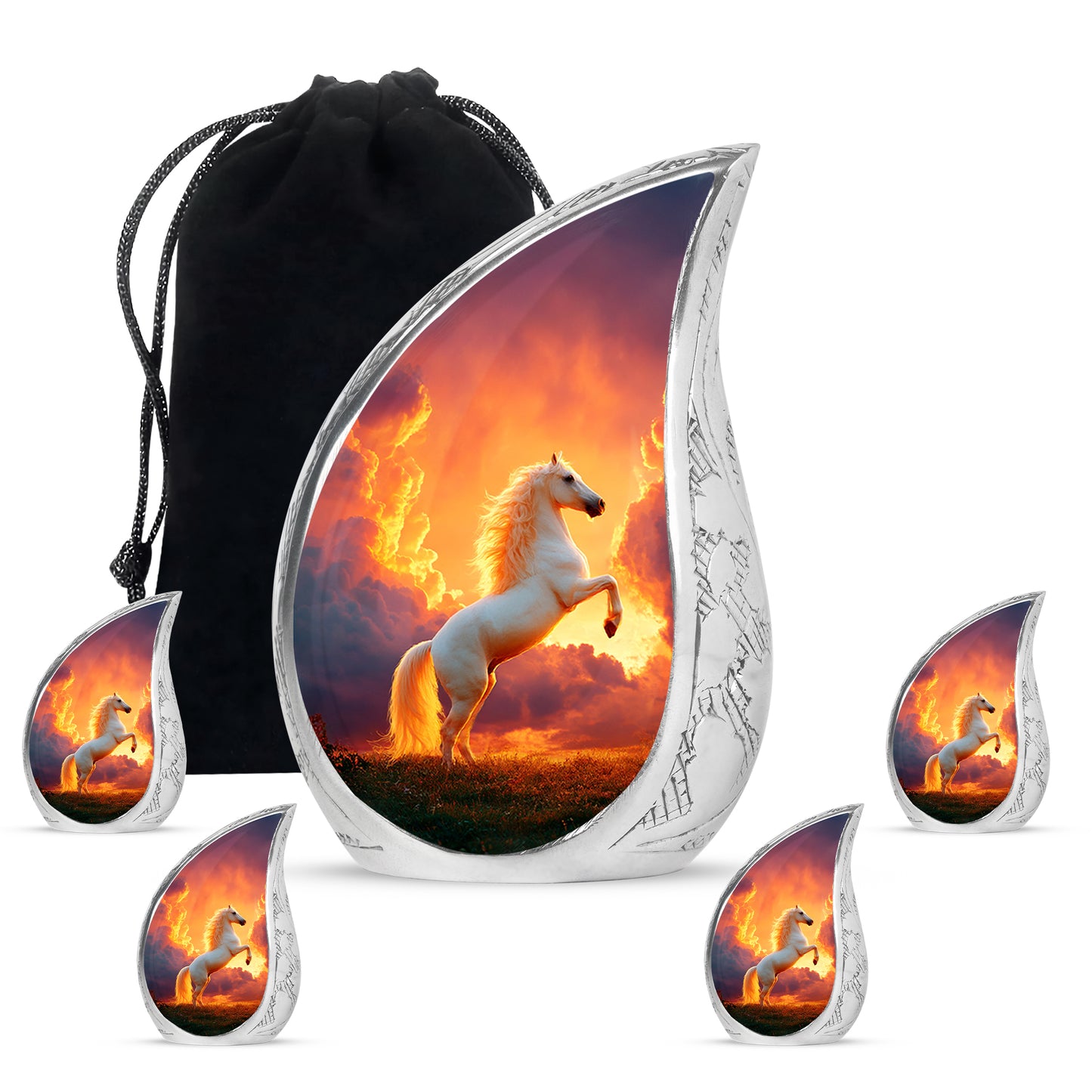 Wine Red Horse Cremation Urn side profile showing urn shape - rounded teardrop horse design with delicate detail - memorial set with one large and four small urns