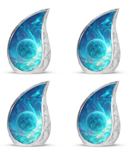 Vivid Blue Galaxy Cremation Urn close-up of engraving and surface detail - smooth teardrop contour featuring galaxy art - 10 inch aluminum urn for cremated remains