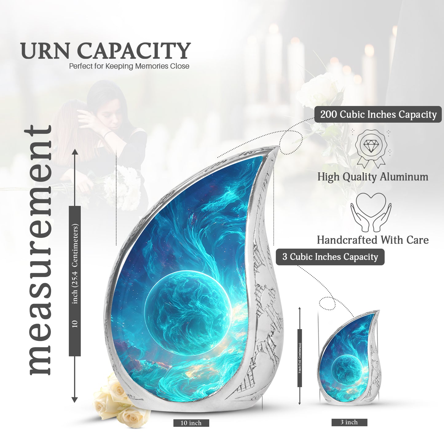 Vivid Blue Galaxy Cremation Urn angled view of lid and engraved motif - graceful tear-shaped urn with galaxy motif - mini keepsake memorial for portion of cremation ashes