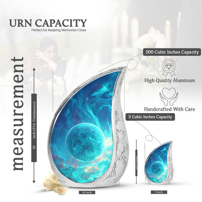 Vivid Blue Galaxy Cremation Urn angled view of lid and engraved motif - graceful tear-shaped urn with galaxy motif - mini keepsake memorial for portion of cremation ashes