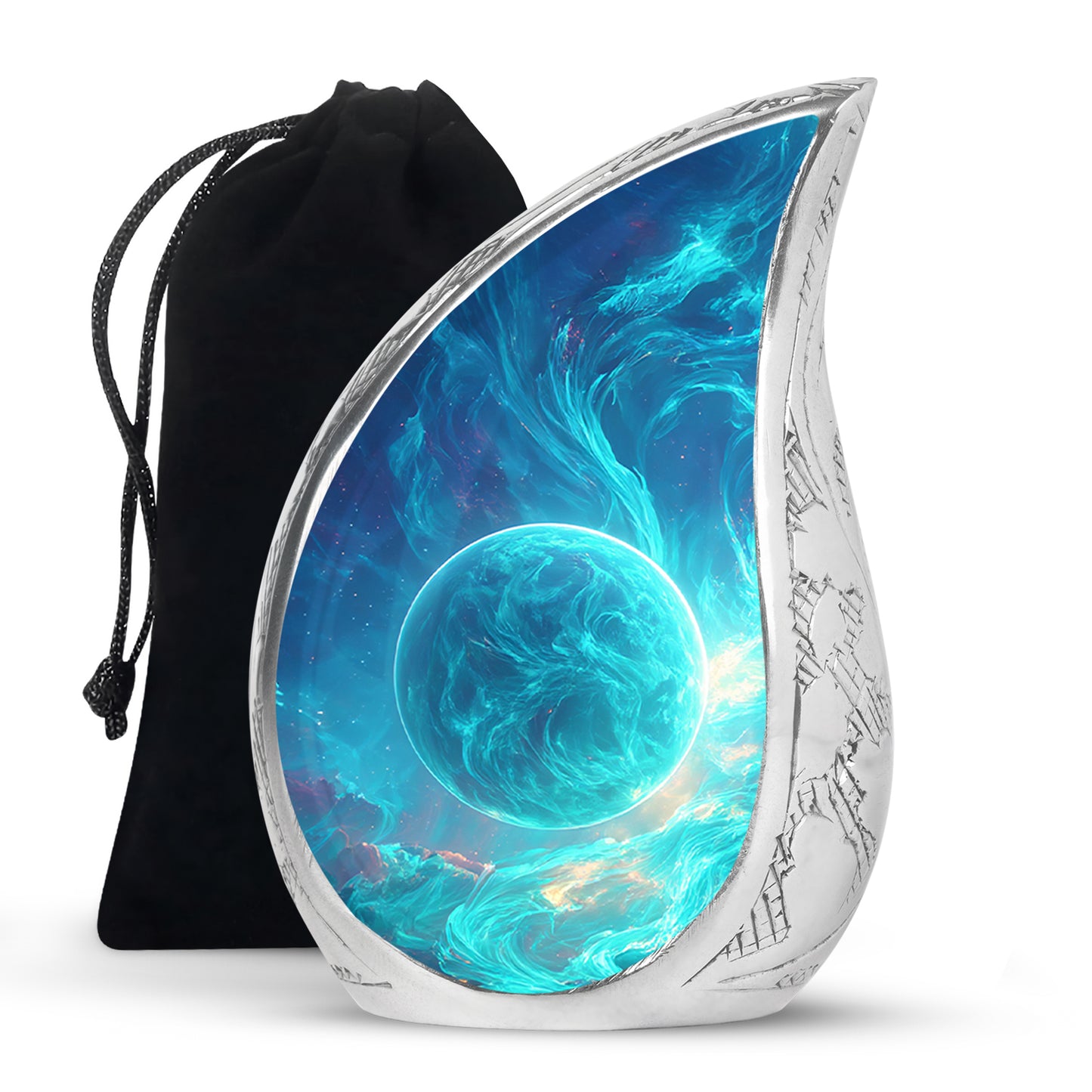 Royal Blue Galaxy Cremation Urn front view showing detailed design - smooth teardrop contour featuring galaxy art - full-size 10 inch 200 cubic inch adult cremation urn