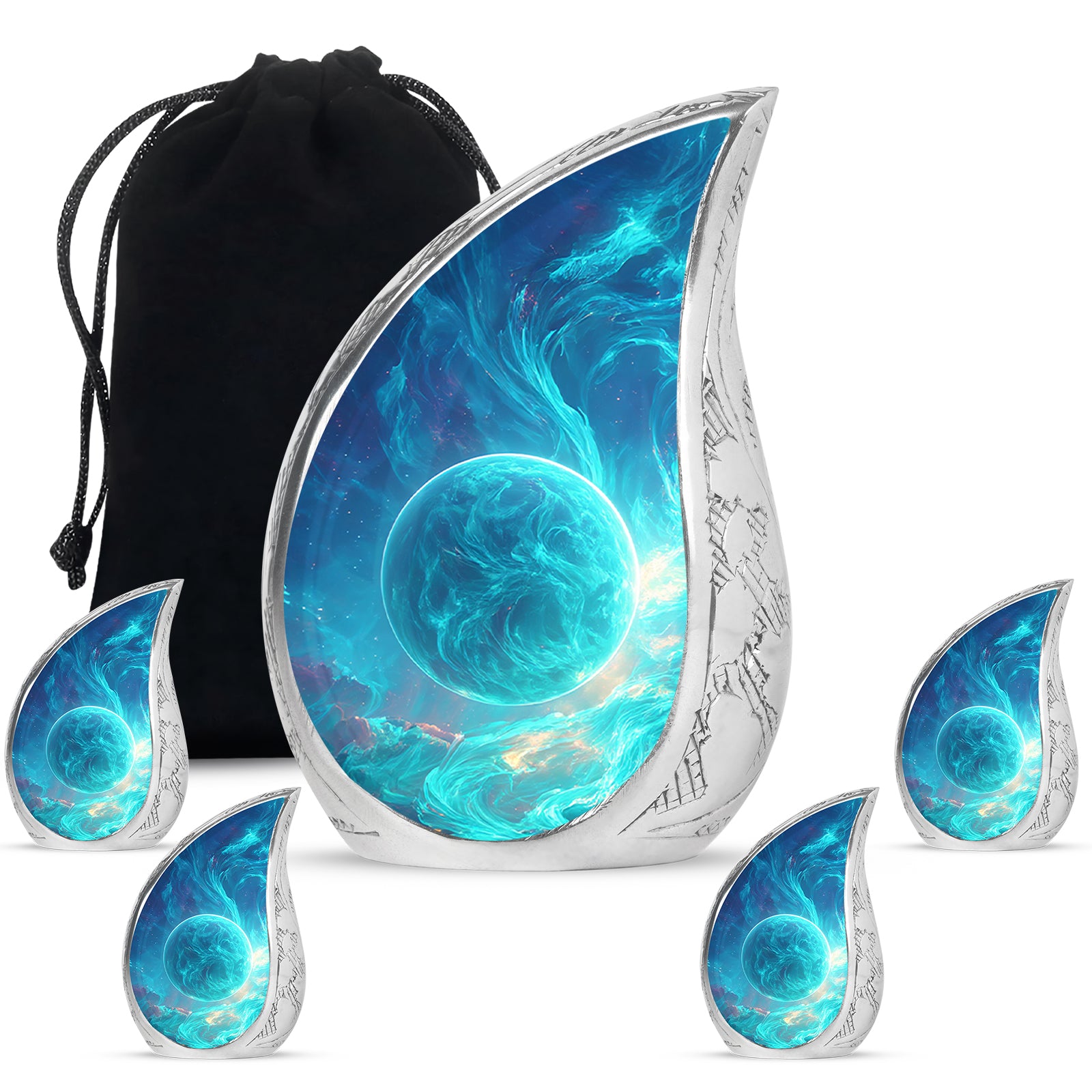 Sky Blue Galaxy Cremation Urn side profile showing urn shape - flowing teardrop galaxy silhouette on curved aluminum - memorial set with one large and four small urns