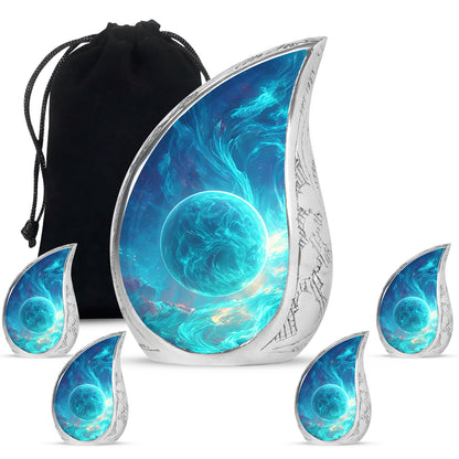 Sky Blue Galaxy Cremation Urn side profile showing urn shape - flowing teardrop galaxy silhouette on curved aluminum - memorial set with one large and four small urns