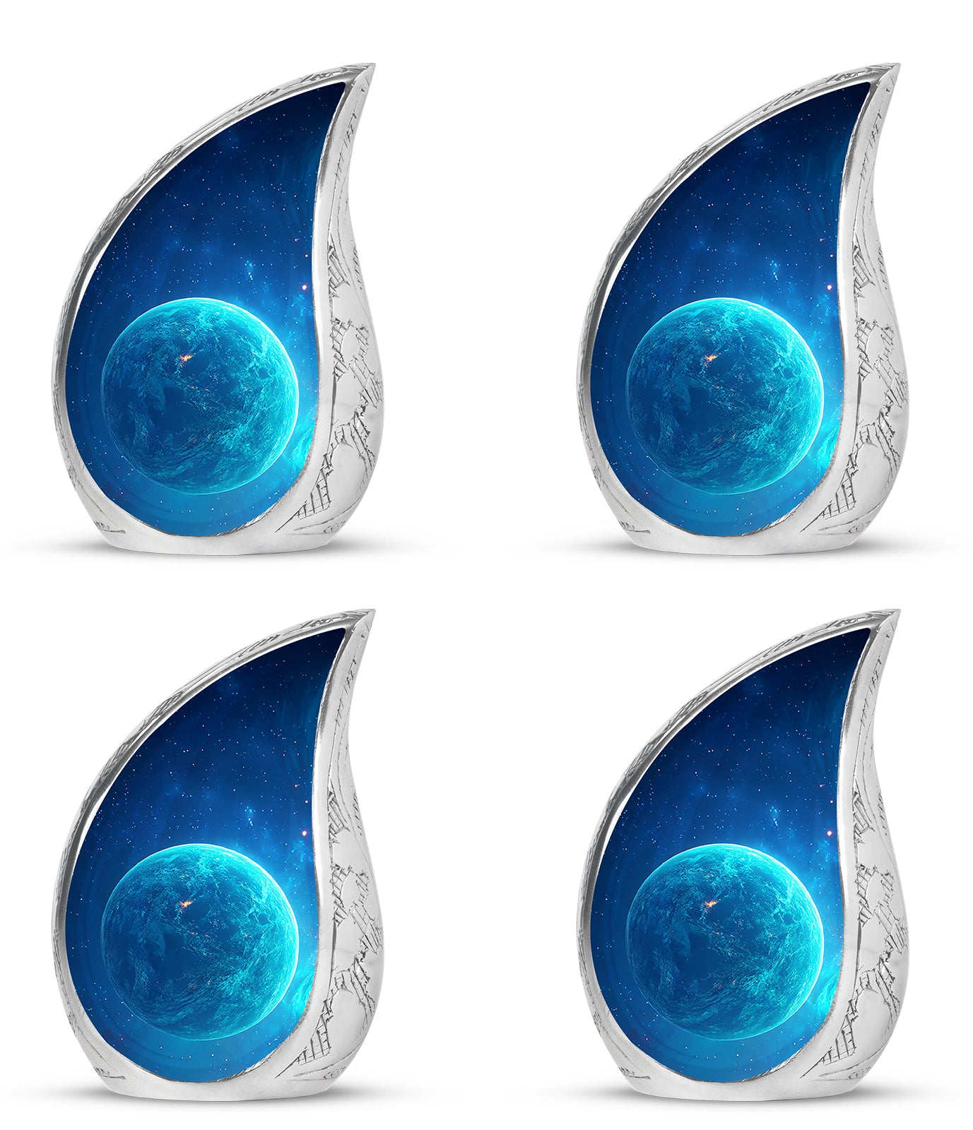 Calming Blue Galaxy Cremation Urn close-up of engraving and surface detail - smooth teardrop contour featuring galaxy art - 10 inch aluminum urn for cremated remains