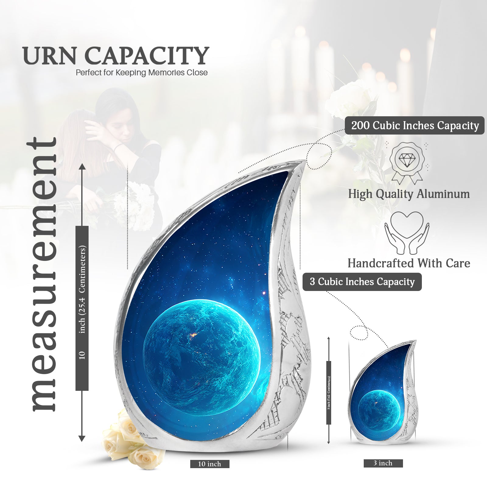 Misty Blue Galaxy Cremation Urn angled view of lid and engraved motif - flowing teardrop galaxy silhouette on curved aluminum - mini keepsake memorial for portion of cremation ashes