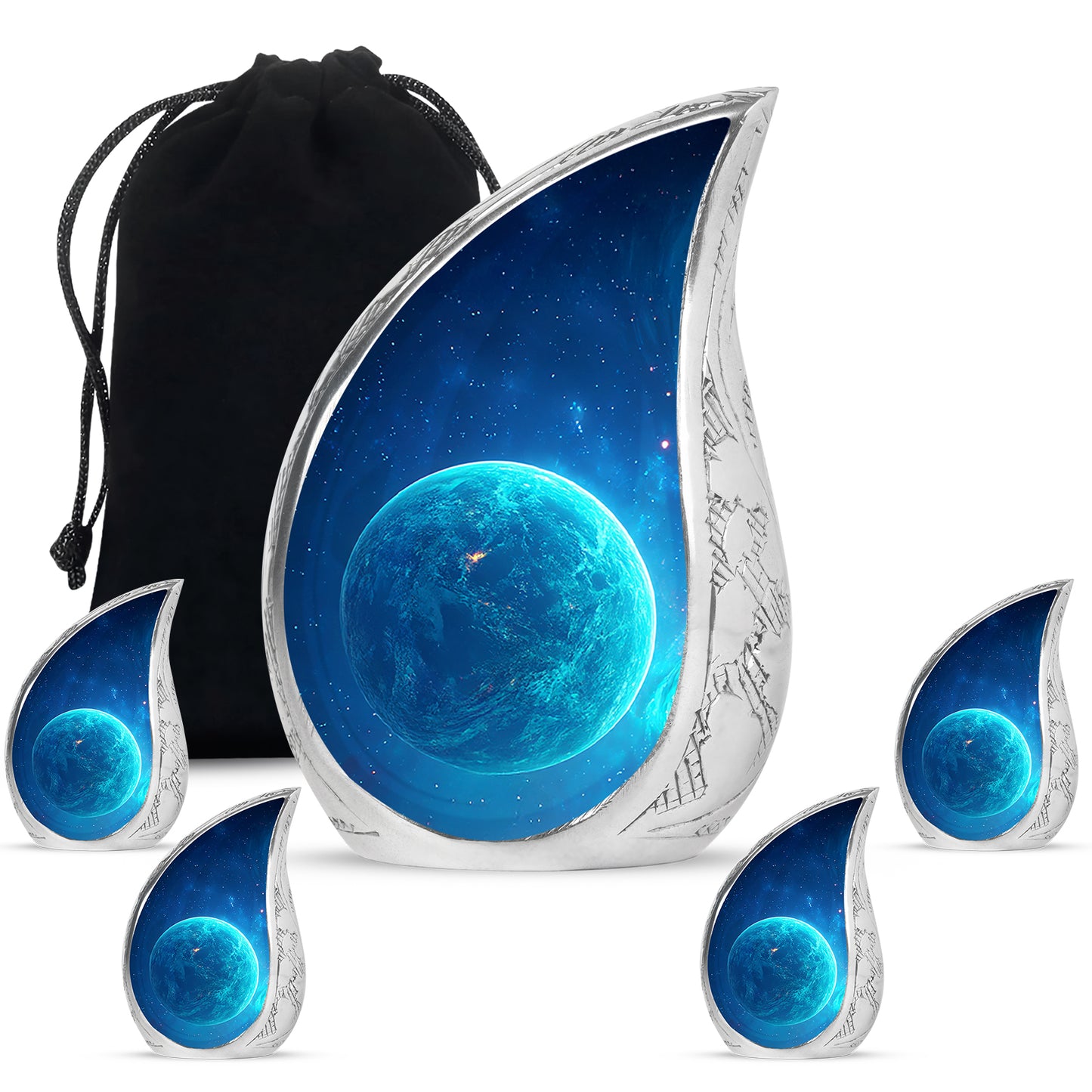 Azure Galaxy Cremation Urn side profile showing urn shape - flowing teardrop galaxy silhouette on curved aluminum - memorial set with one large and four small urns