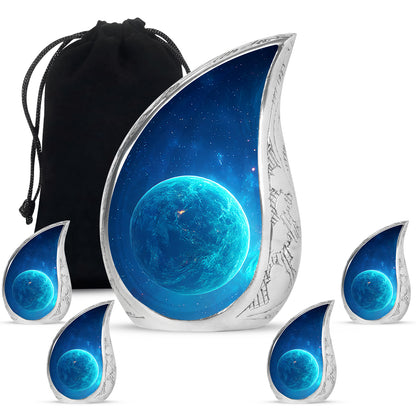Azure Galaxy Cremation Urn side profile showing urn shape - flowing teardrop galaxy silhouette on curved aluminum - memorial set with one large and four small urns