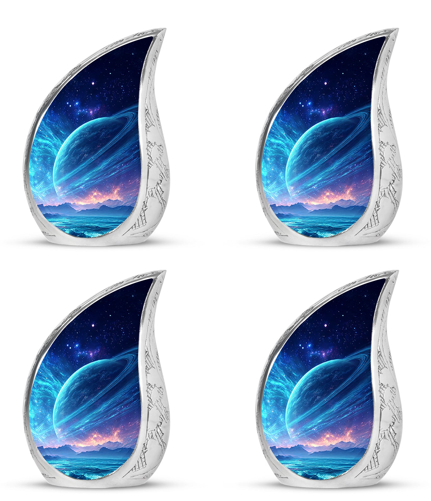 Cobalt Blue Galaxy Cremation Urn close-up of engraving and surface detail - smooth teardrop contour featuring galaxy art - 10 inch aluminum urn for cremated remains