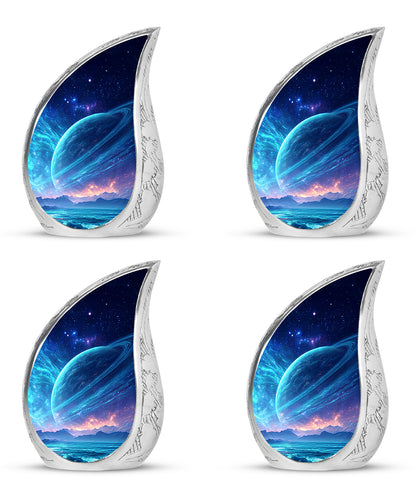 Cobalt Blue Galaxy Cremation Urn close-up of engraving and surface detail - smooth teardrop contour featuring galaxy art - 10 inch aluminum urn for cremated remains