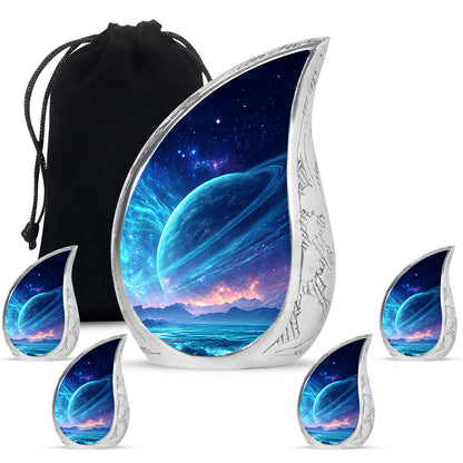 Soft Blue Galaxy Cremation Urn side profile showing urn shape - smooth teardrop contour featuring galaxy art - memorial set with one large and four small urns