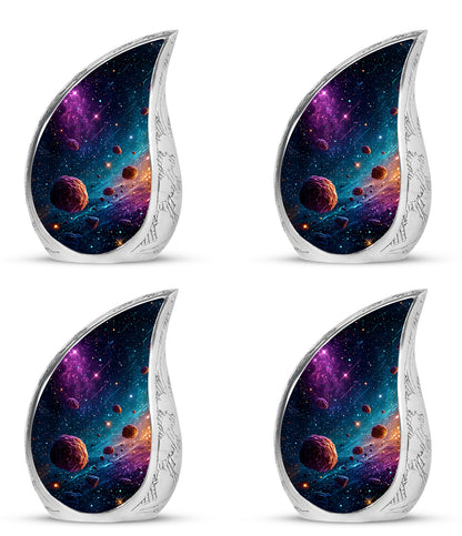 Serene Blue Galaxy Cremation Urn close-up of engraving and surface detail - smooth teardrop contour featuring galaxy art - 10 inch aluminum urn for cremated remains