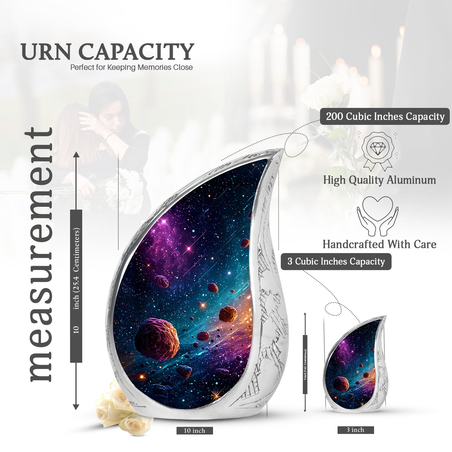 Bright Blue Galaxy Cremation Urn angled view of lid and engraved motif - smooth teardrop contour featuring galaxy art - mini keepsake memorial for portion of cremation ashes