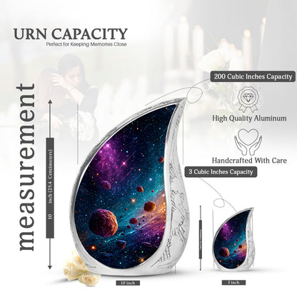Bright Blue Galaxy Cremation Urn angled view of lid and engraved motif - smooth teardrop contour featuring galaxy art - mini keepsake memorial for portion of cremation ashes