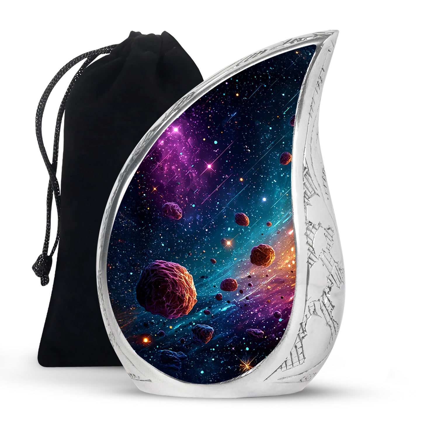 Twilight Blue Galaxy Cremation Urn front view showing detailed design - smooth teardrop contour featuring galaxy art - full-size 10 inch 200 cubic inch adult cremation urn