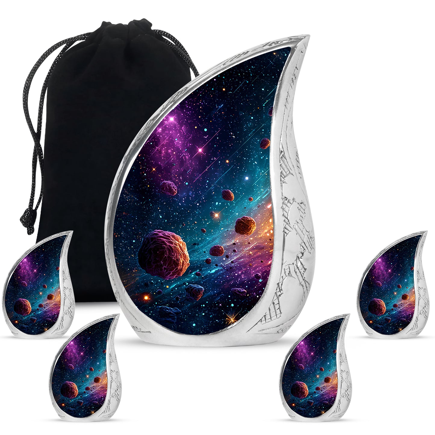 Soft Blue Galaxy Cremation Urn side profile showing urn shape - graceful tear-shaped urn with galaxy motif - memorial set with one large and four small urns