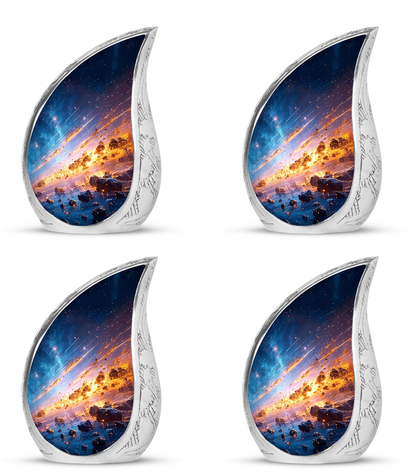 Indigo Galaxy Cremation Urn close-up of engraving and surface detail - flowing teardrop galaxy silhouette on curved aluminum - 10 inch aluminum urn for cremated remains