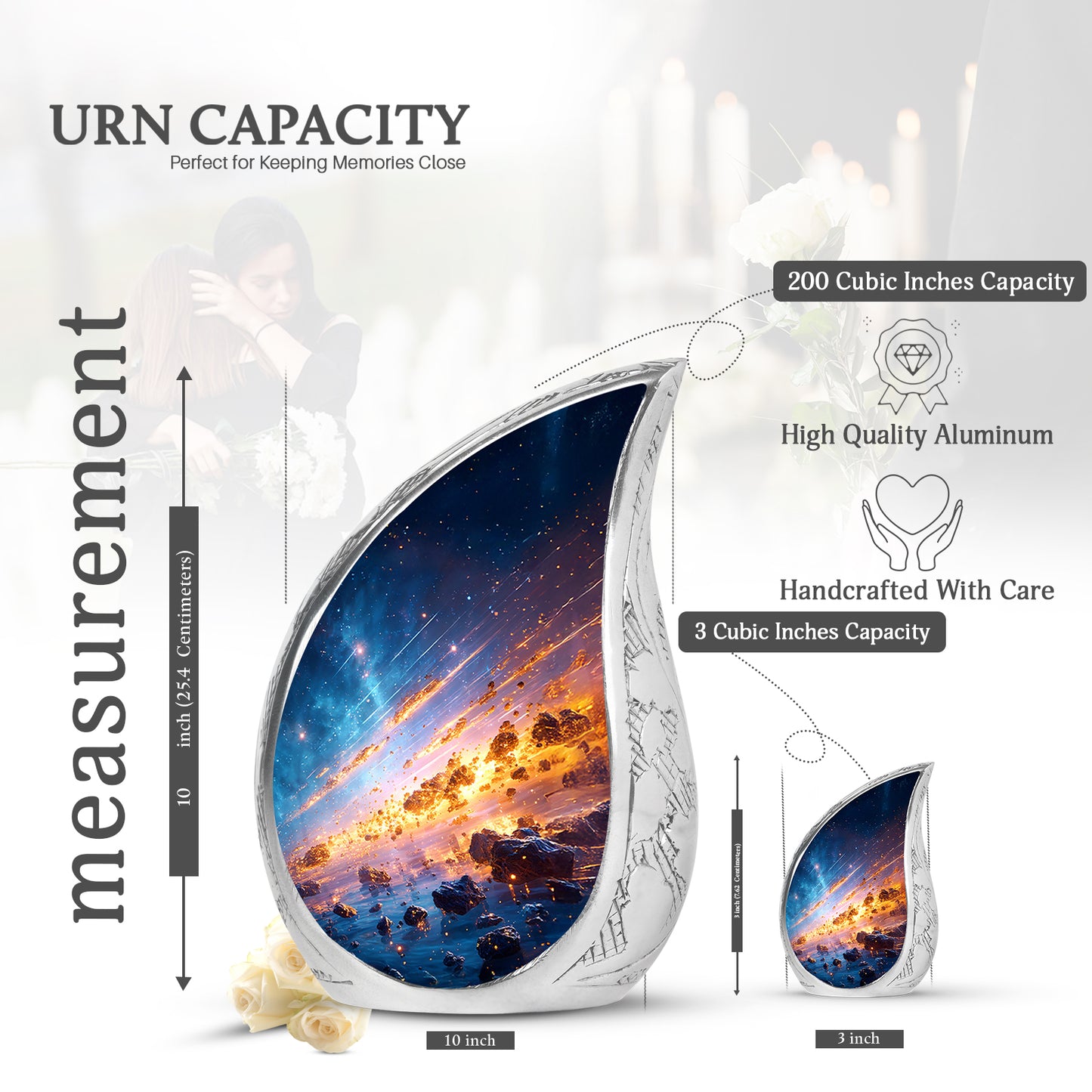 Soft Blue Galaxy Cremation Urn angled view of lid and engraved motif - smooth teardrop contour featuring galaxy art - mini keepsake memorial for portion of cremation ashes