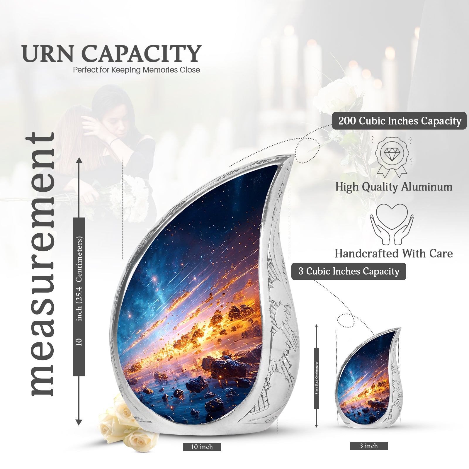 Soft Blue Galaxy Cremation Urn angled view of lid and engraved motif - smooth teardrop contour featuring galaxy art - mini keepsake memorial for portion of cremation ashes