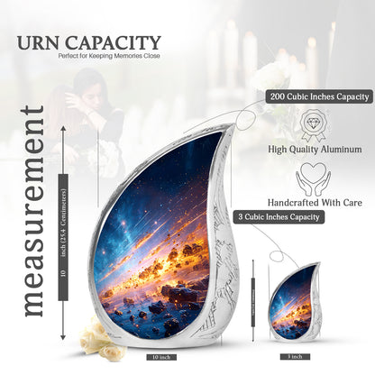 Soft Blue Galaxy Cremation Urn angled view of lid and engraved motif - smooth teardrop contour featuring galaxy art - mini keepsake memorial for portion of cremation ashes