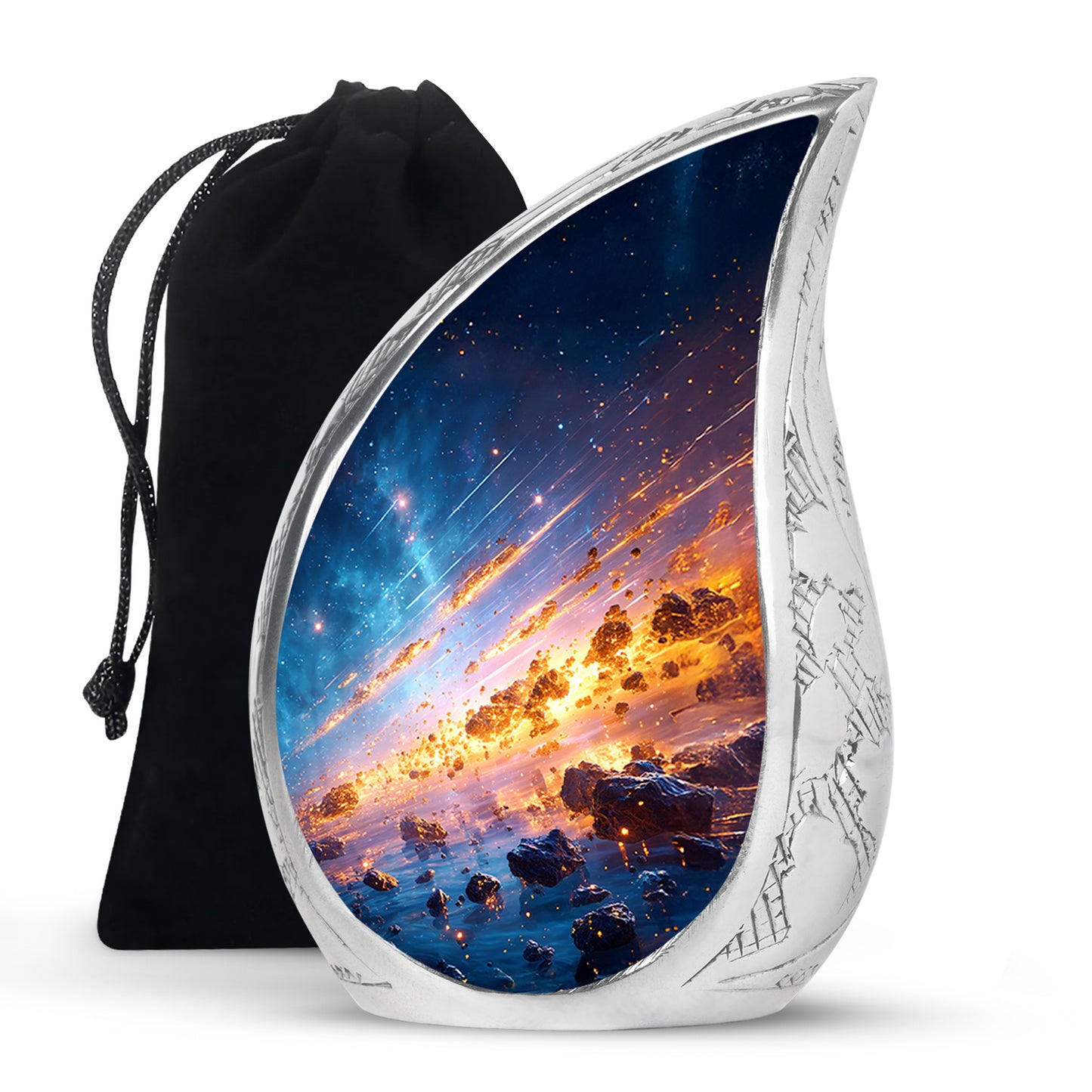 Calming Blue Galaxy Cremation Urn front view showing detailed design - graceful tear-shaped urn with galaxy motif - full-size 10 inch 200 cubic inch adult cremation urn