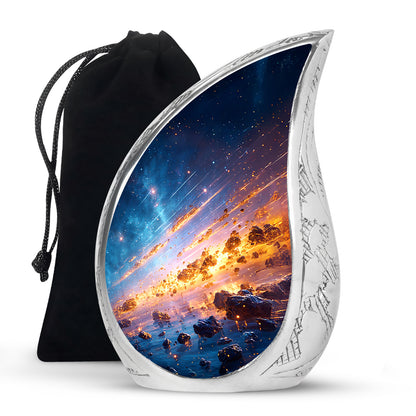Calming Blue Galaxy Cremation Urn front view showing detailed design - graceful tear-shaped urn with galaxy motif - full-size 10 inch 200 cubic inch adult cremation urn