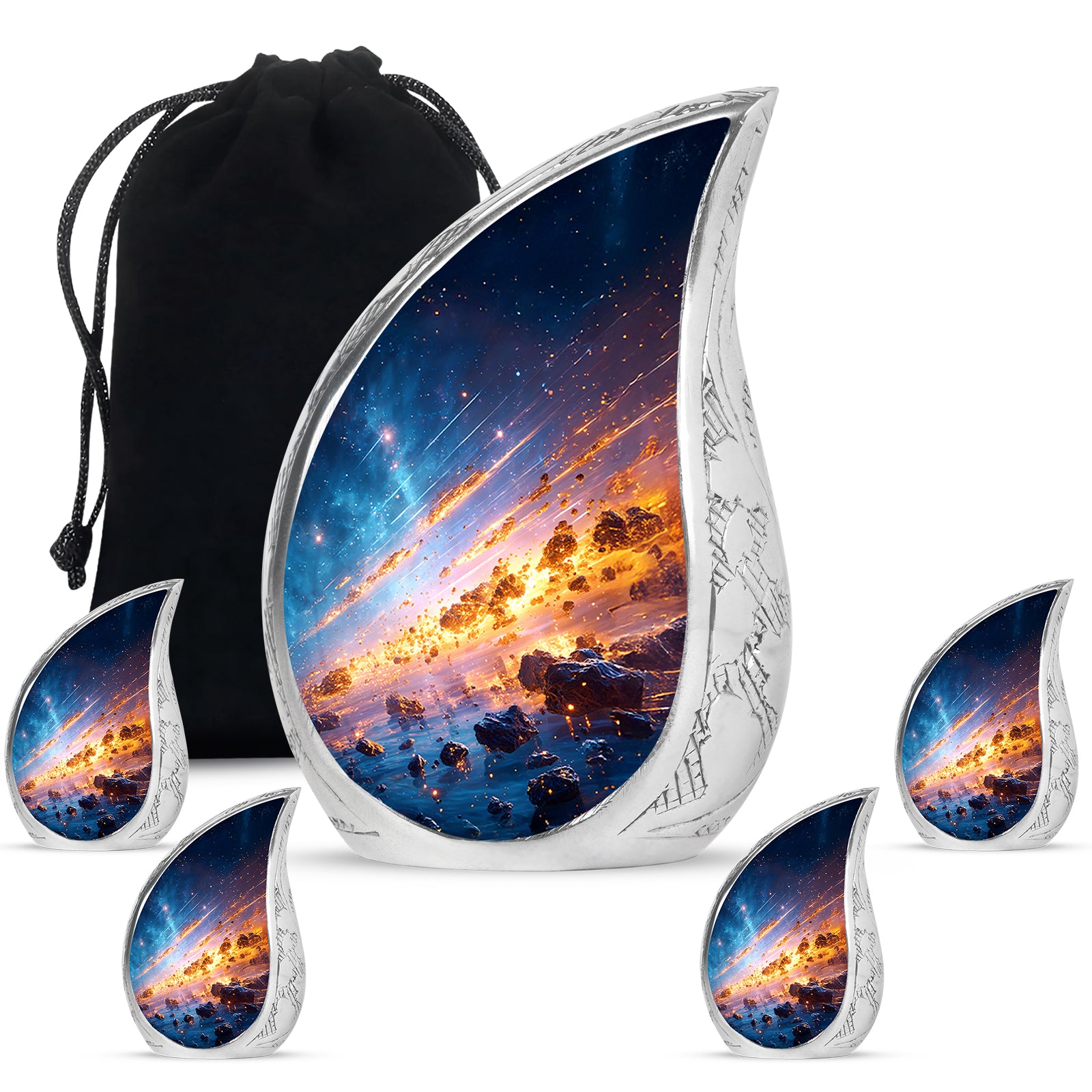 Azure Galaxy Cremation Urn side profile showing urn shape - flowing teardrop galaxy silhouette on curved aluminum - memorial set with one large and four small urns