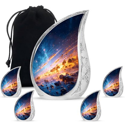 Azure Galaxy Cremation Urn side profile showing urn shape - flowing teardrop galaxy silhouette on curved aluminum - memorial set with one large and four small urns