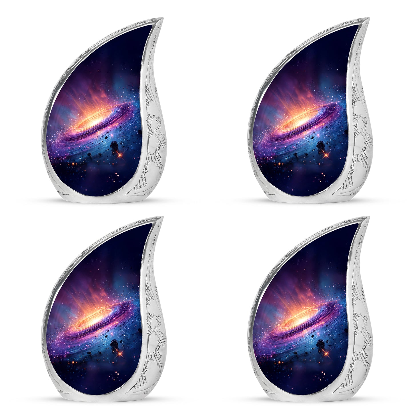 Serene Blue Galaxy Cremation Urn close-up of engraving and surface detail - graceful tear-shaped urn with galaxy motif - 10 inch aluminum urn for cremated remains
