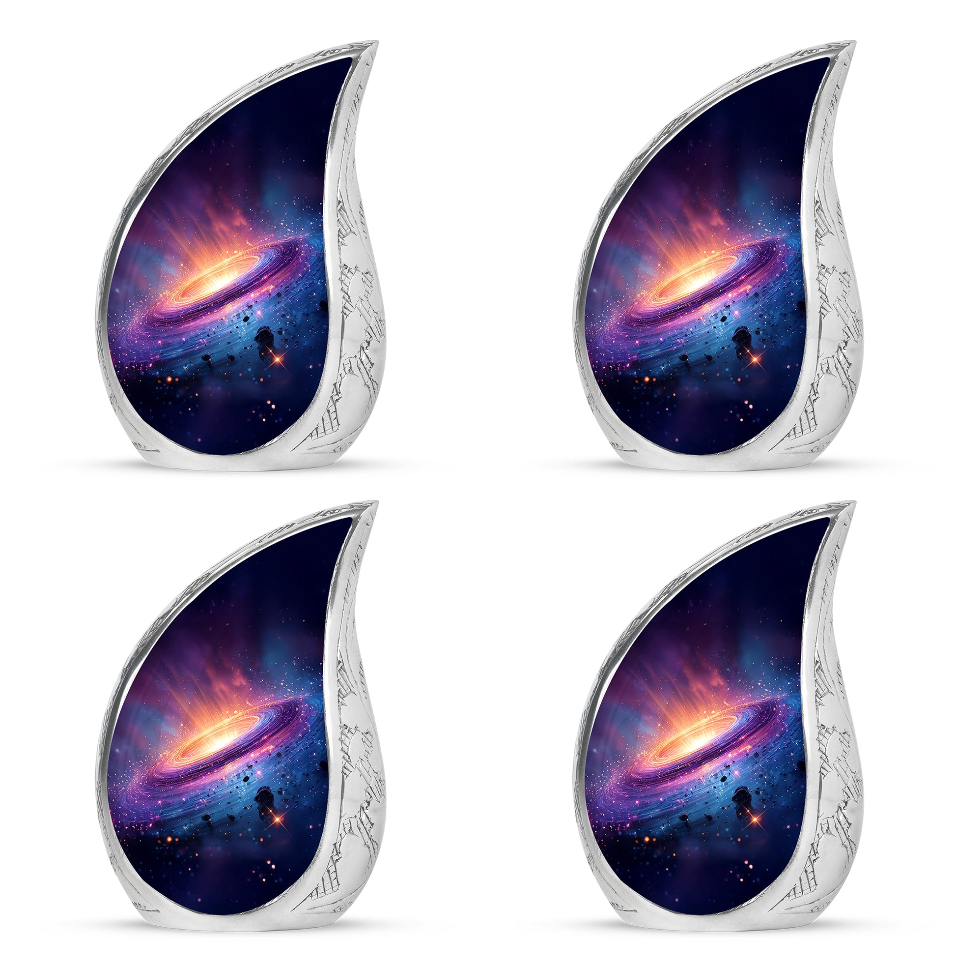 Serene Blue Galaxy Cremation Urn close-up of engraving and surface detail - graceful tear-shaped urn with galaxy motif - 10 inch aluminum urn for cremated remains