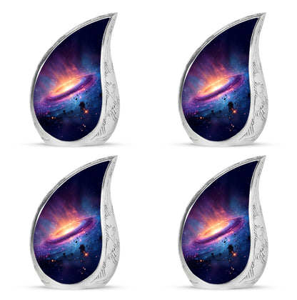 Serene Blue Galaxy Cremation Urn close-up of engraving and surface detail - graceful tear-shaped urn with galaxy motif - 10 inch aluminum urn for cremated remains