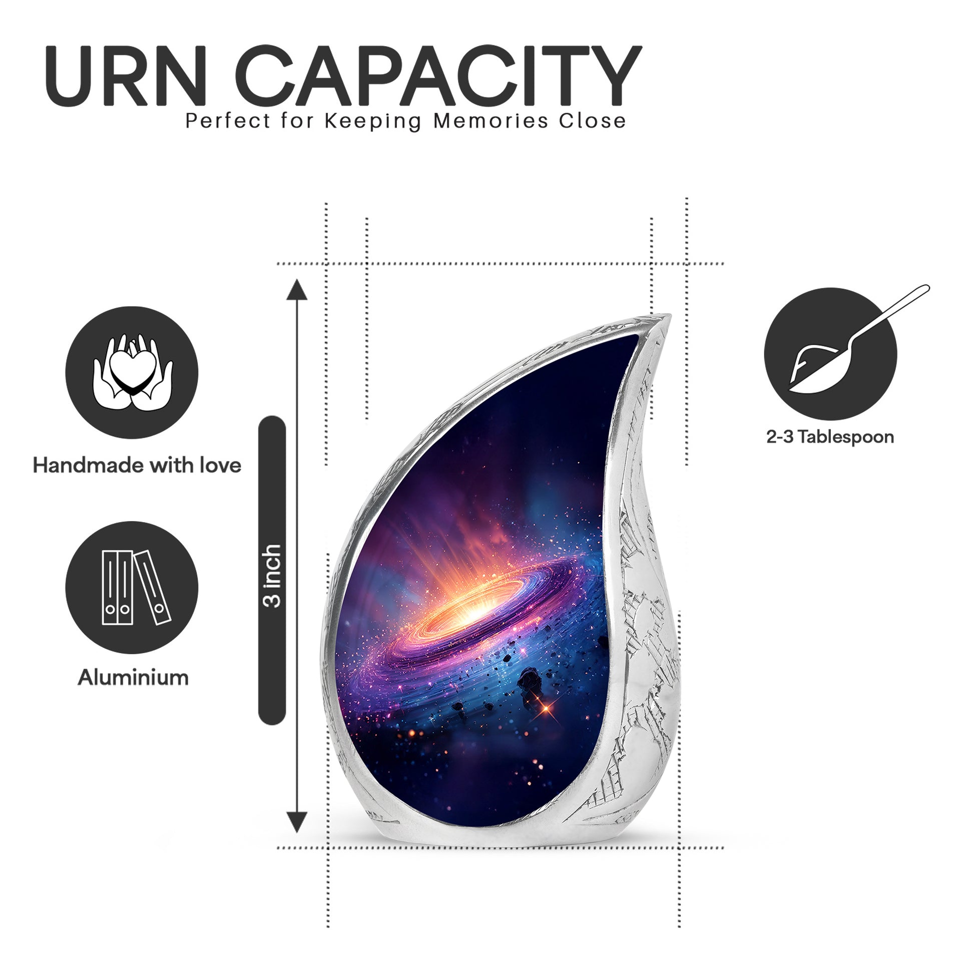 Vivid Blue Galaxy Cremation Urn angled view of lid and engraved motif - smooth teardrop contour featuring galaxy art - mini keepsake memorial for portion of cremation ashes