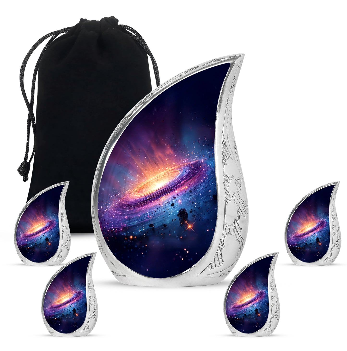 Misty Blue Galaxy Cremation Urn side profile showing urn shape - flowing teardrop galaxy silhouette on curved aluminum - memorial set with one large and four small urns