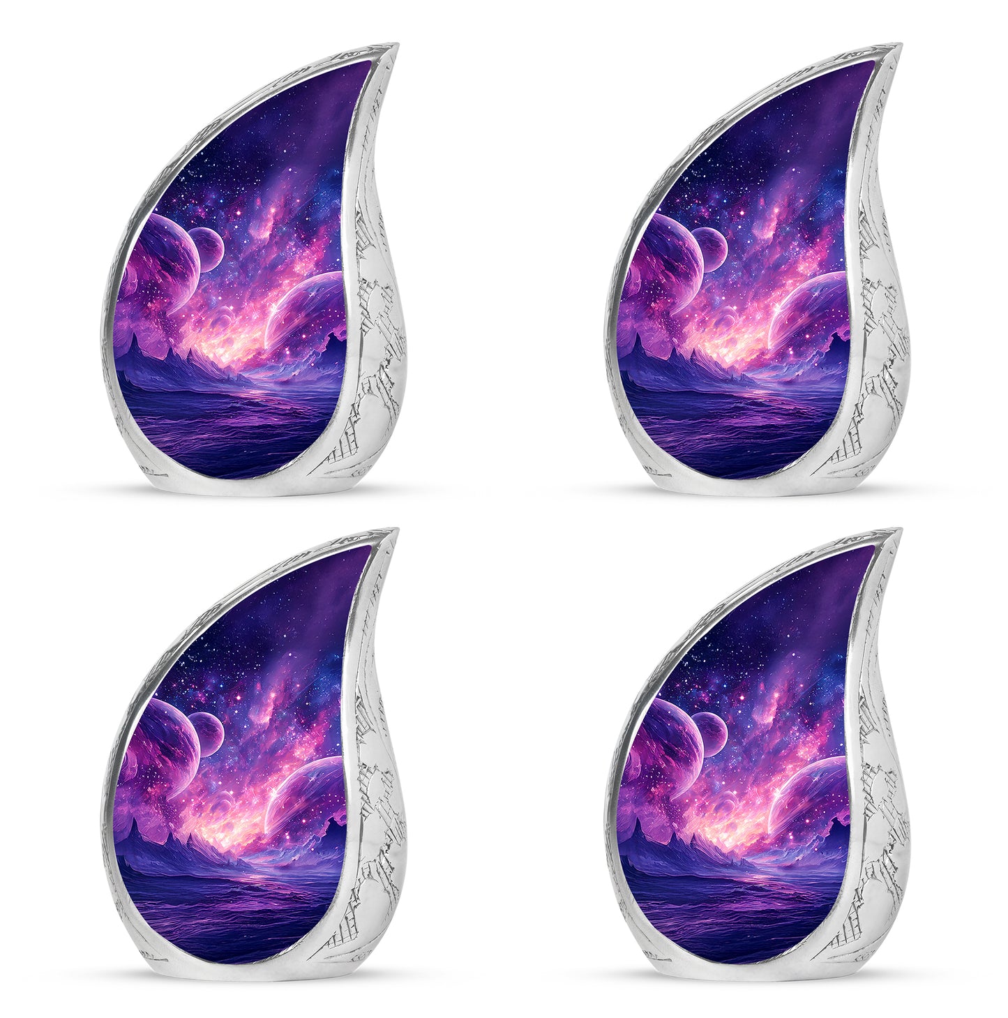 Pastel Blue Galaxy Cremation Urn close-up of engraving and surface detail - flowing teardrop galaxy silhouette on curved aluminum - 10 inch aluminum urn for cremated remains