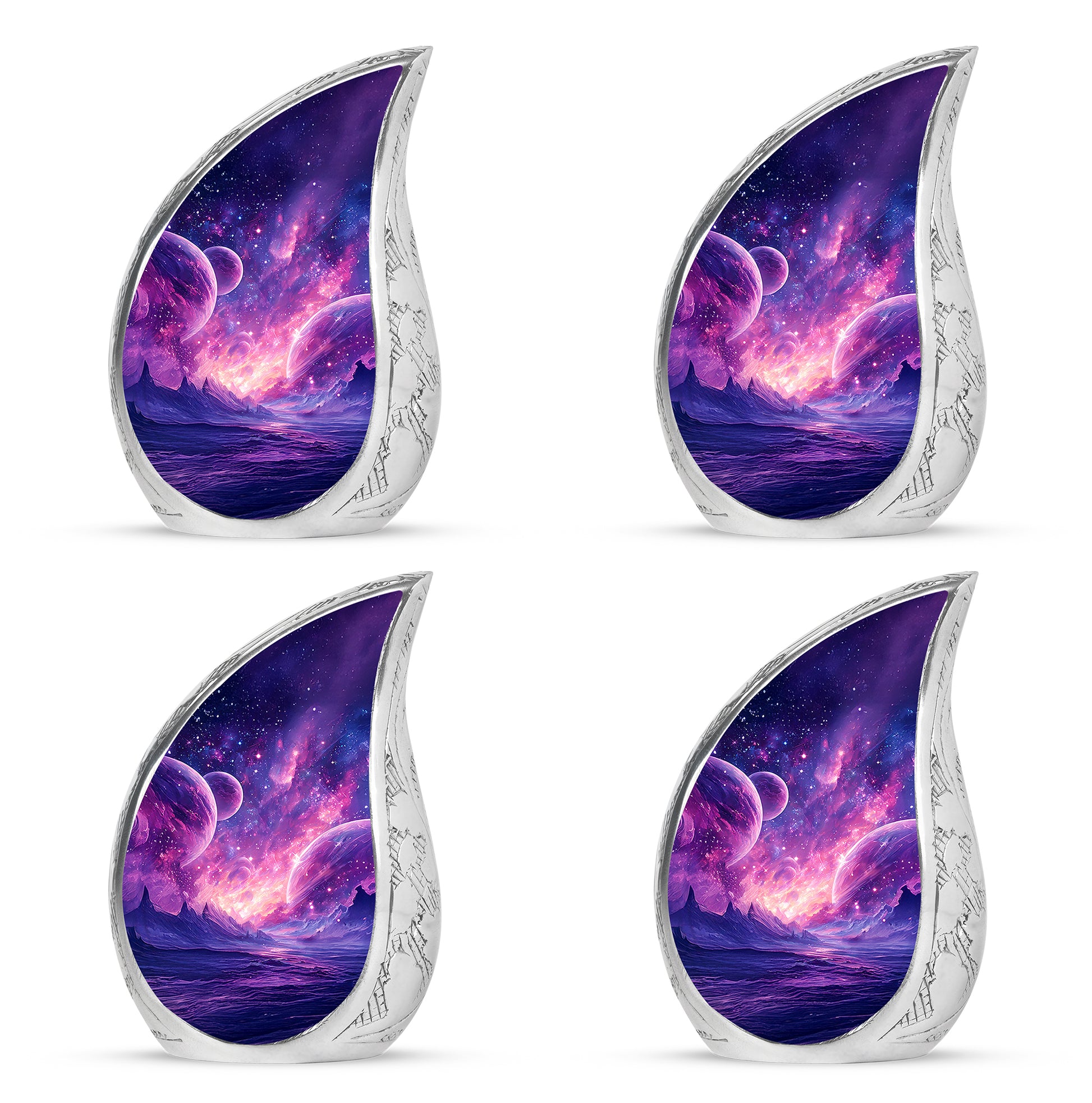 Pastel Blue Galaxy Cremation Urn close-up of engraving and surface detail - flowing teardrop galaxy silhouette on curved aluminum - 10 inch aluminum urn for cremated remains