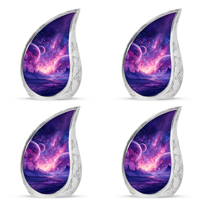 Pastel Blue Galaxy Cremation Urn close-up of engraving and surface detail - flowing teardrop galaxy silhouette on curved aluminum - 10 inch aluminum urn for cremated remains