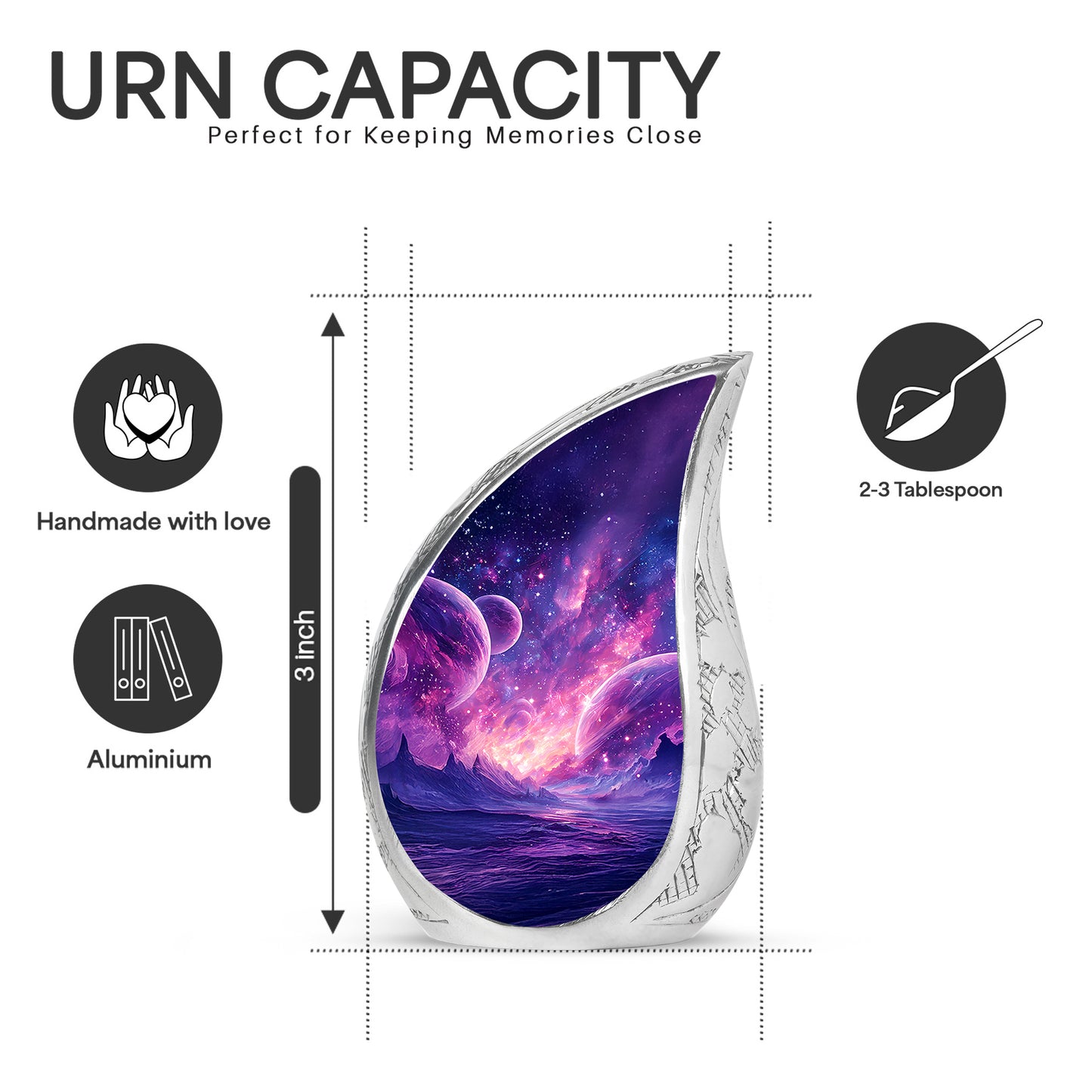 Navy Blue Galaxy Cremation Urn angled view of lid and engraved motif - rounded teardrop galaxy design with delicate detail - mini keepsake memorial for portion of cremation ashes