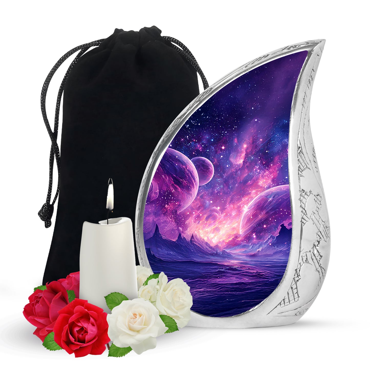 Vivid Blue Galaxy Cremation Urn front view showing detailed design - graceful tear-shaped urn with galaxy motif - full-size 10 inch 200 cubic inch adult cremation urn