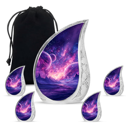 Sapphire Blue Galaxy Cremation Urn side profile showing urn shape - graceful tear-shaped urn with galaxy motif - memorial set with one large and four small urns