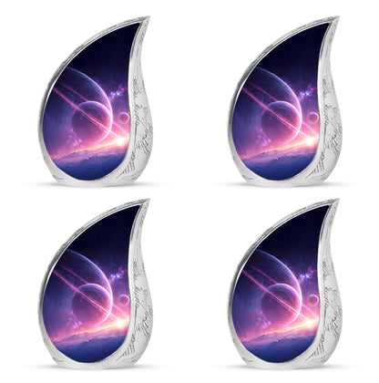 Calming Blue Galaxy Cremation Urn close-up of engraving and surface detail - smooth teardrop contour featuring galaxy art - 10 inch aluminum urn for cremated remains